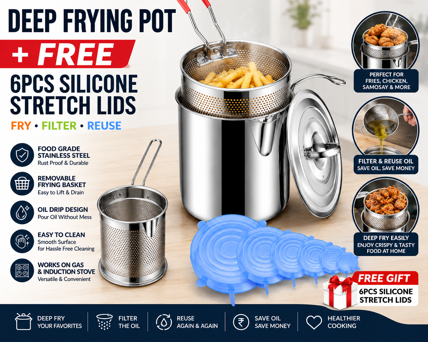 Combo Offer Buy Oil Frying Pot with Basket Get 6pcs Silicon Stretch Lids Free (Save Rs800 Now)
