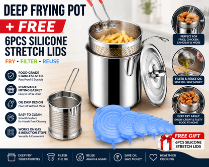 Combo Offer Buy Oil Frying Pot with Basket Get 6pcs Silicon Stretch Lids Free (Save Rs800 Now)
