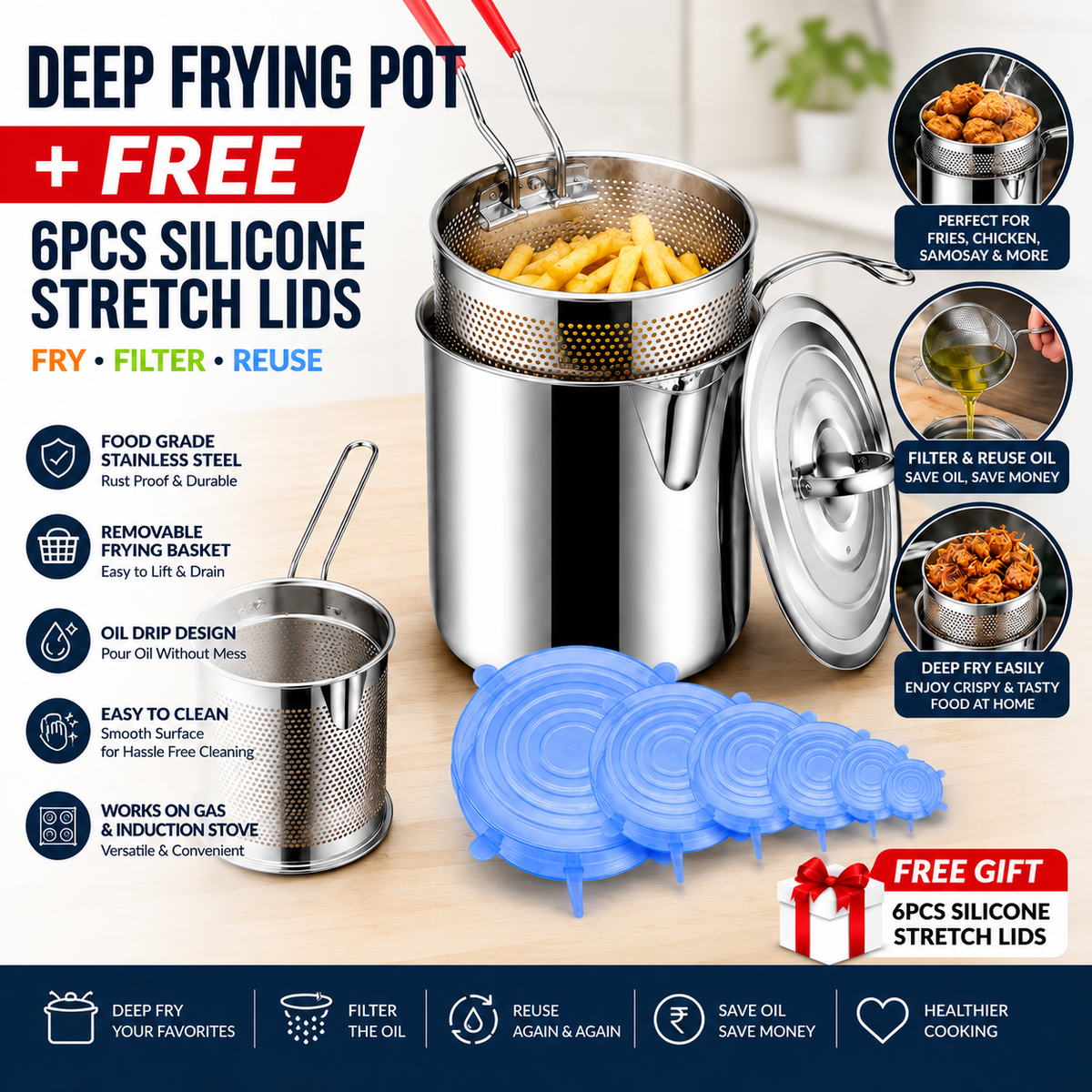 Combo Offer Buy Oil Frying Pot with Basket Get 6pcs Silicon Stretch Lids Free (Save Rs800 Now)