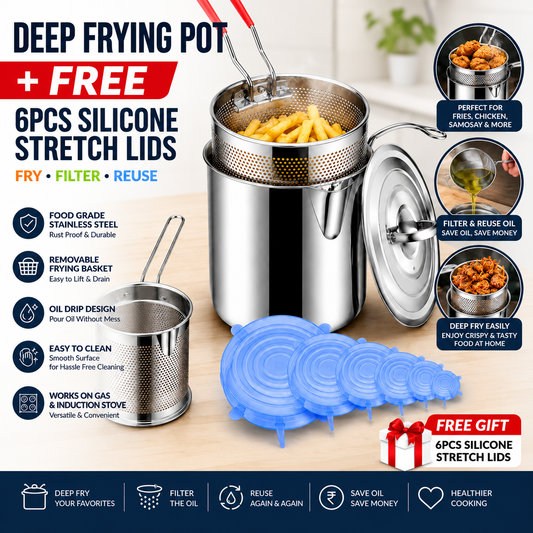 Combo Offer Buy Oil Frying Pot with Basket Get 6pcs Silicon Stretch Lids Free (Save Rs800 Now)